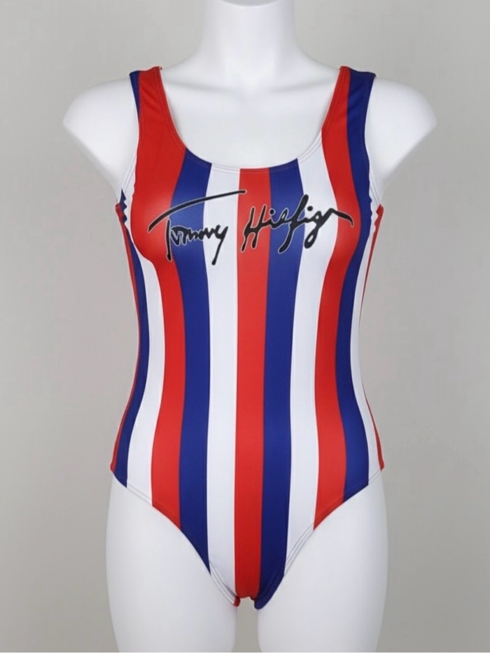 Tommy Hilfiger Red, White & Blue Vertical Stripe Scoop One-Piece